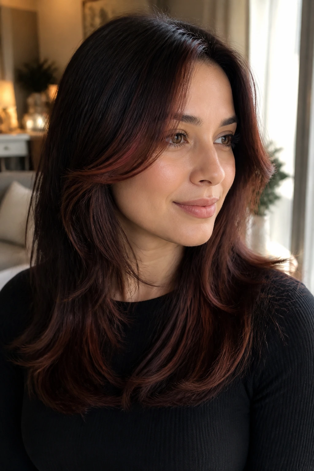 Close-up of a brunette with chocolate cherry bronde soft front layers