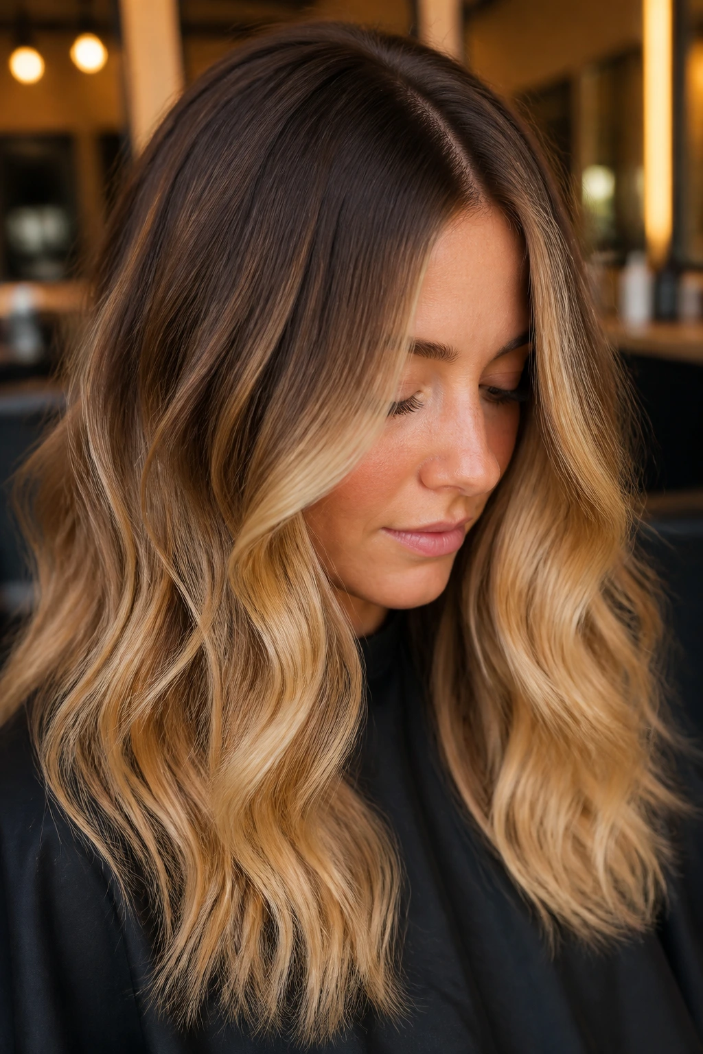 Close-up of brunette-to-gold fade with beige-gold ends on a real person