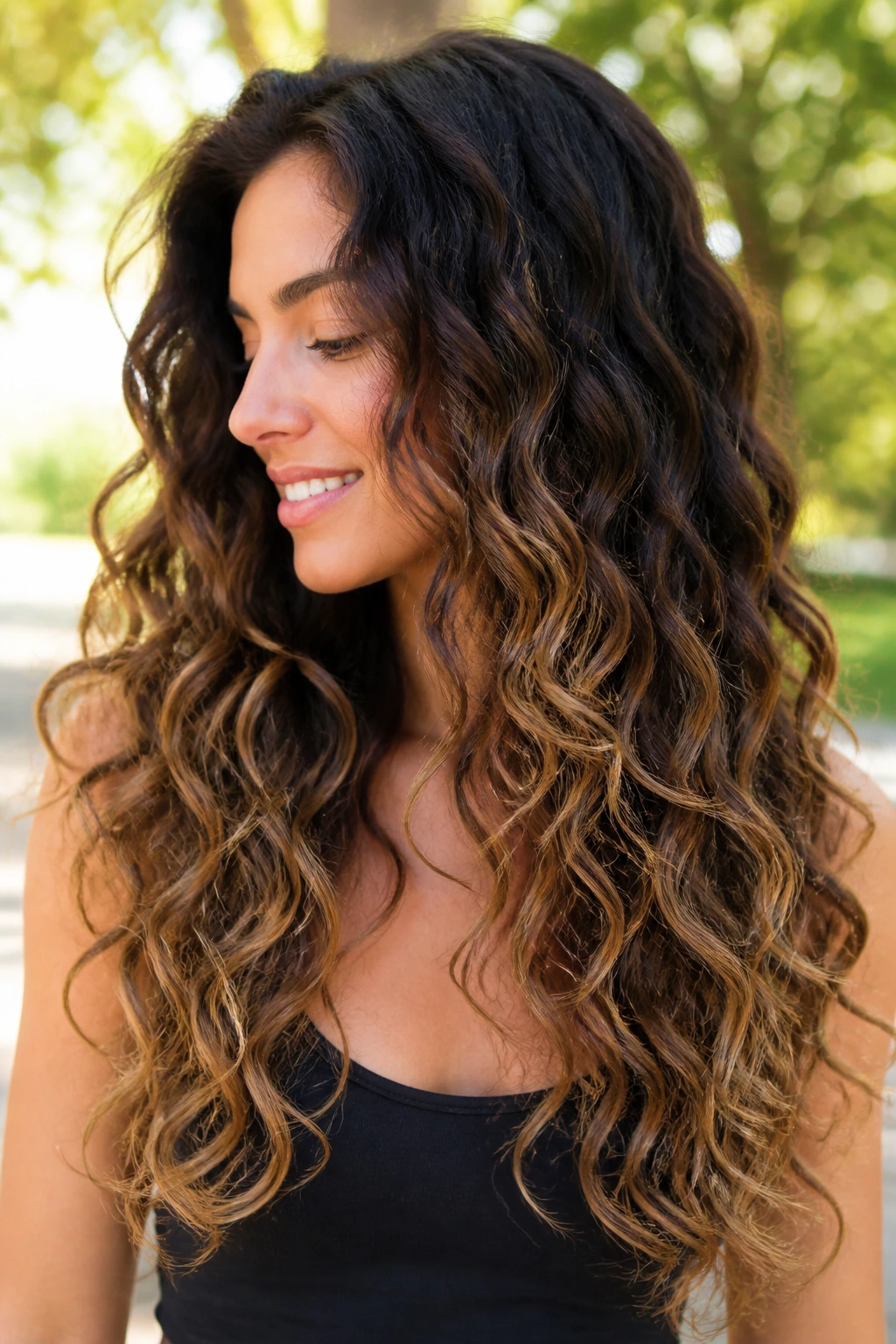 Close-up of dark roast to bronde gradient on long curly hair.