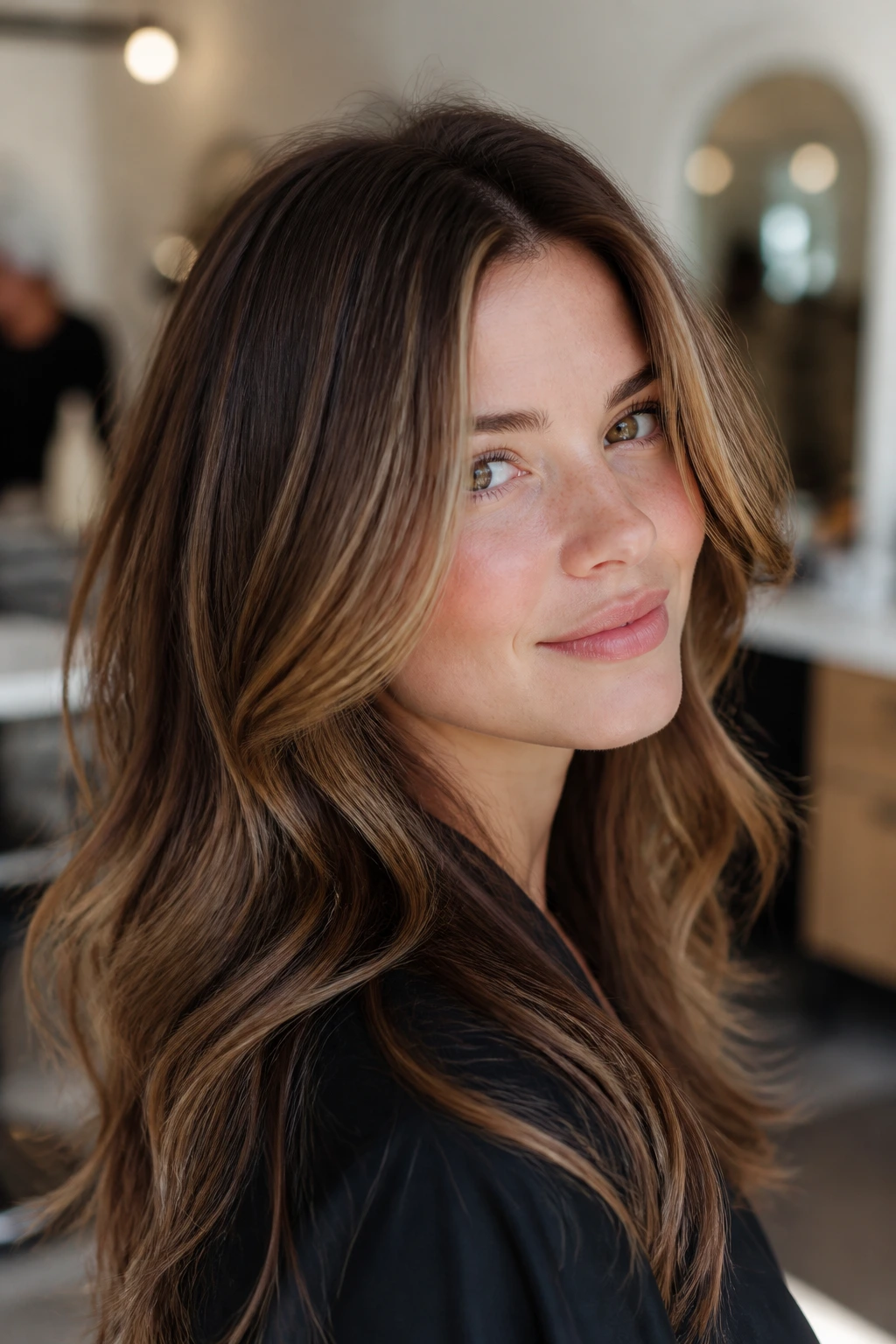 Close-up of a real woman showing deep brunette base with bronde highlights around the face
