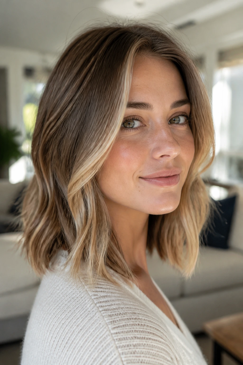 Portrait of a woman with bronde face frame and soft ends.