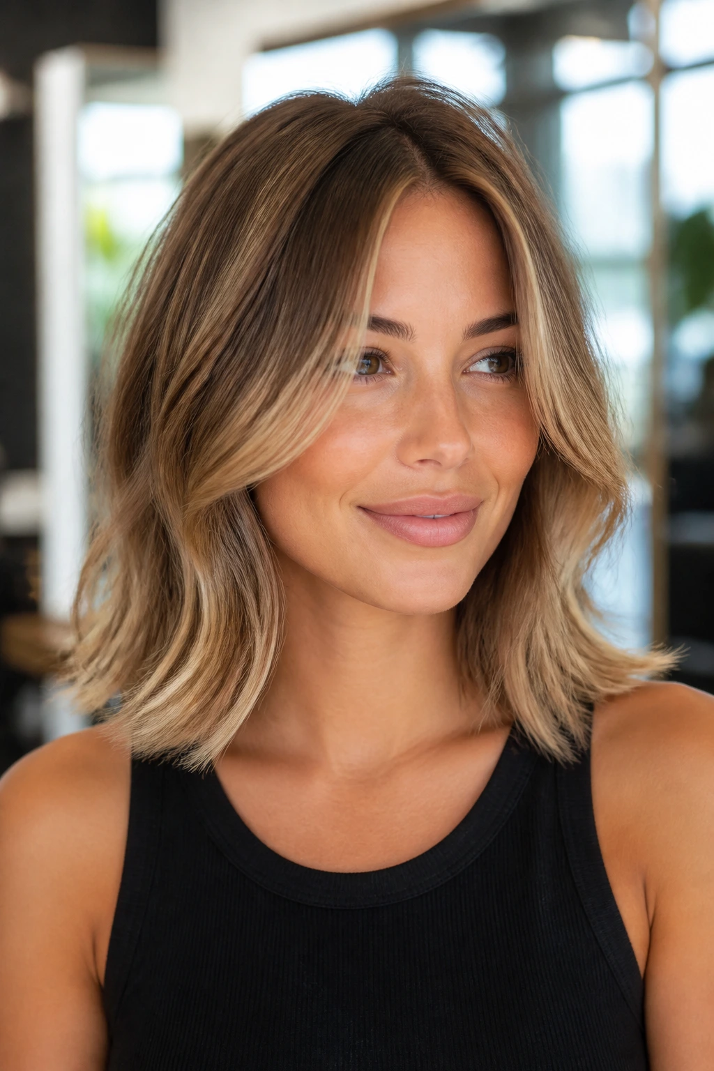 Close-up of a real woman with bronde face-framing lob and lifted ends in a bright salon