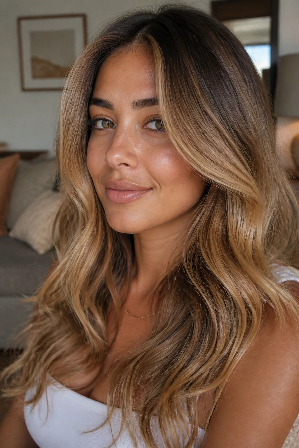 Close-up of a real woman with honey butter bronde and soft root.