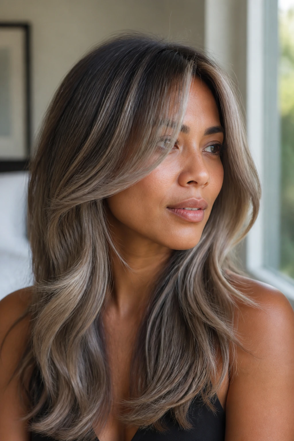 Close-up of a real woman with icy mushroom bronde and curtain bangs on tan skin