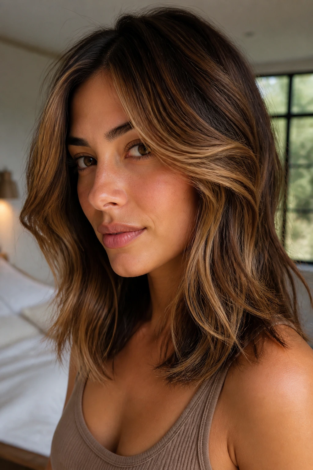 Close-up of olive-skinned woman with warm bronde honey caramel veils in shoulder-length hair