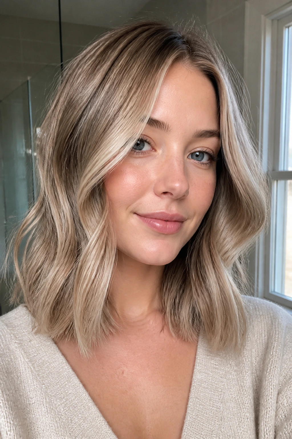 Close-up portrait of a real woman with Iced Latte Bronde hair color blending beige and ash