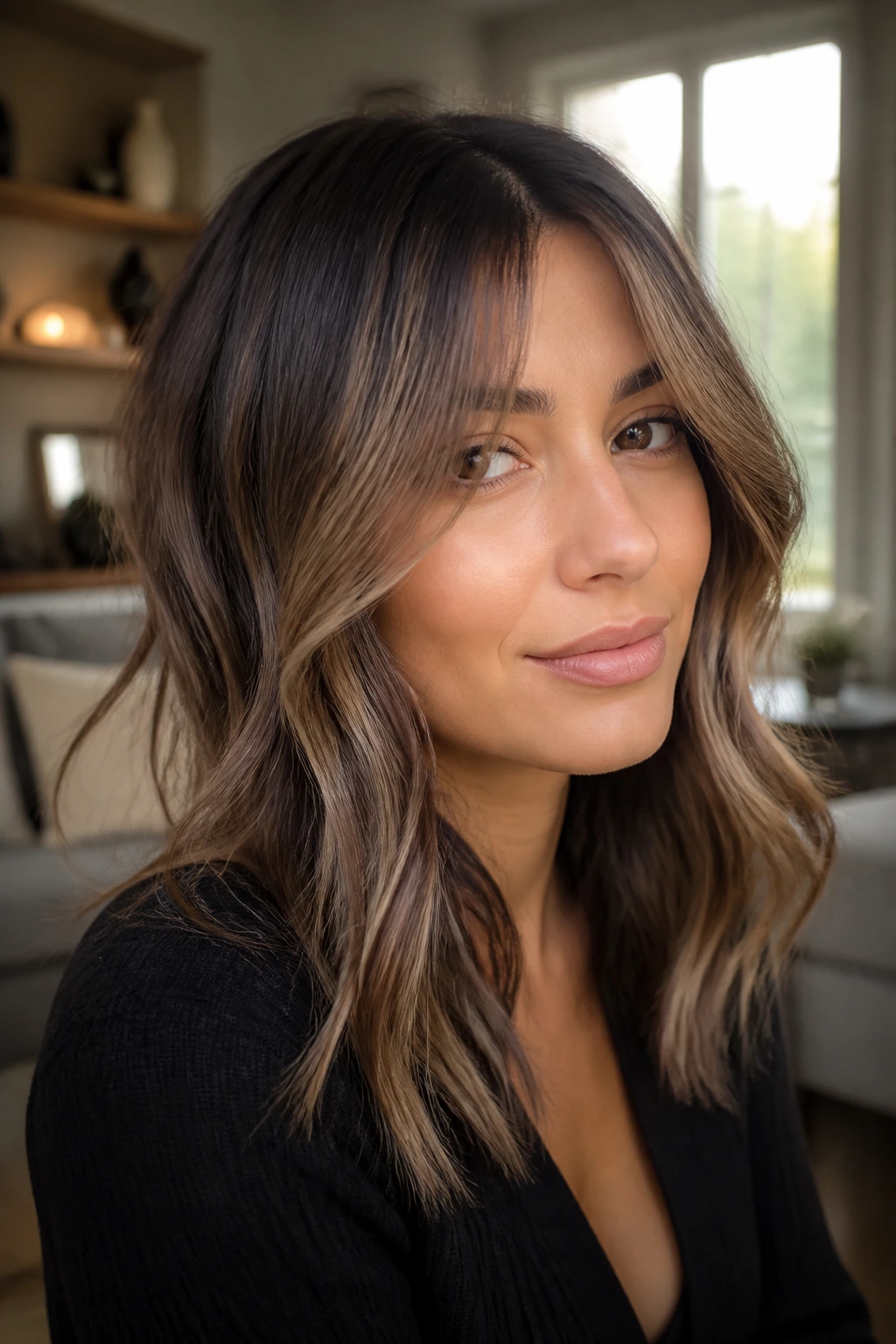 Portrait of a woman with bronde face-frame highlights and curtain bangs