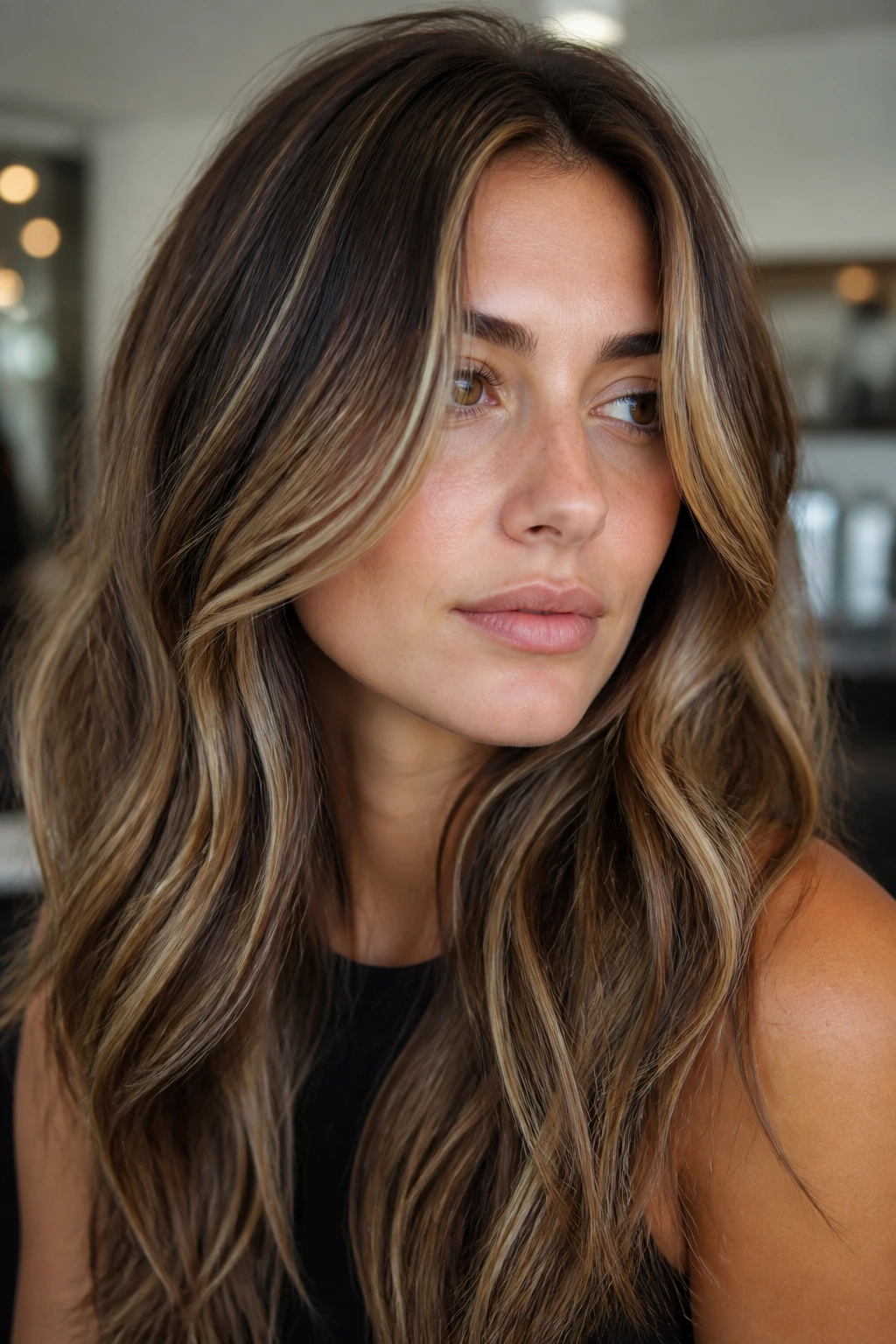 Portrait of brunette hair with warm honey and ash blonde variation