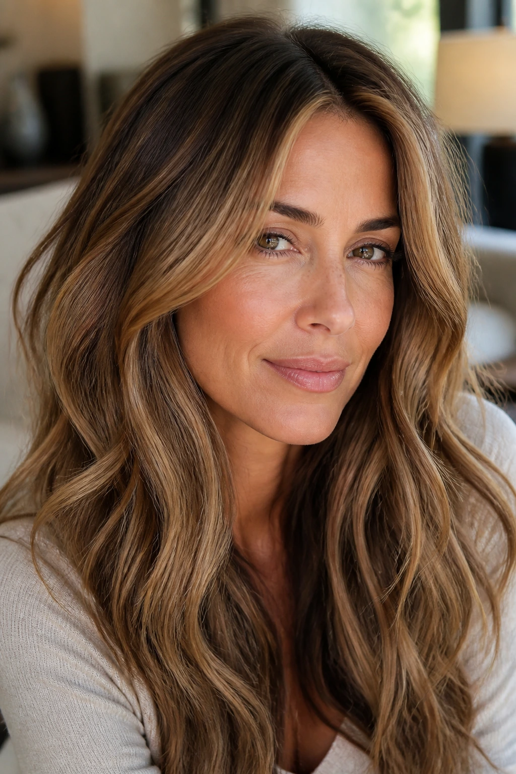 Close-up of real person with bronde hair and honey ribbons framing the face