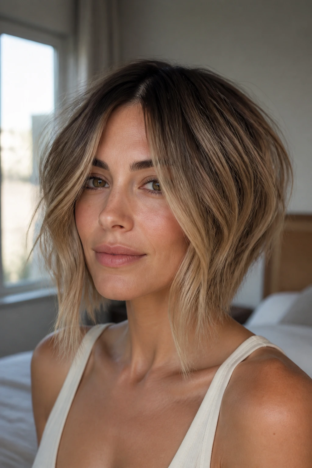 Close-up portrait of a real woman with bronde inverted bob and long front pieces