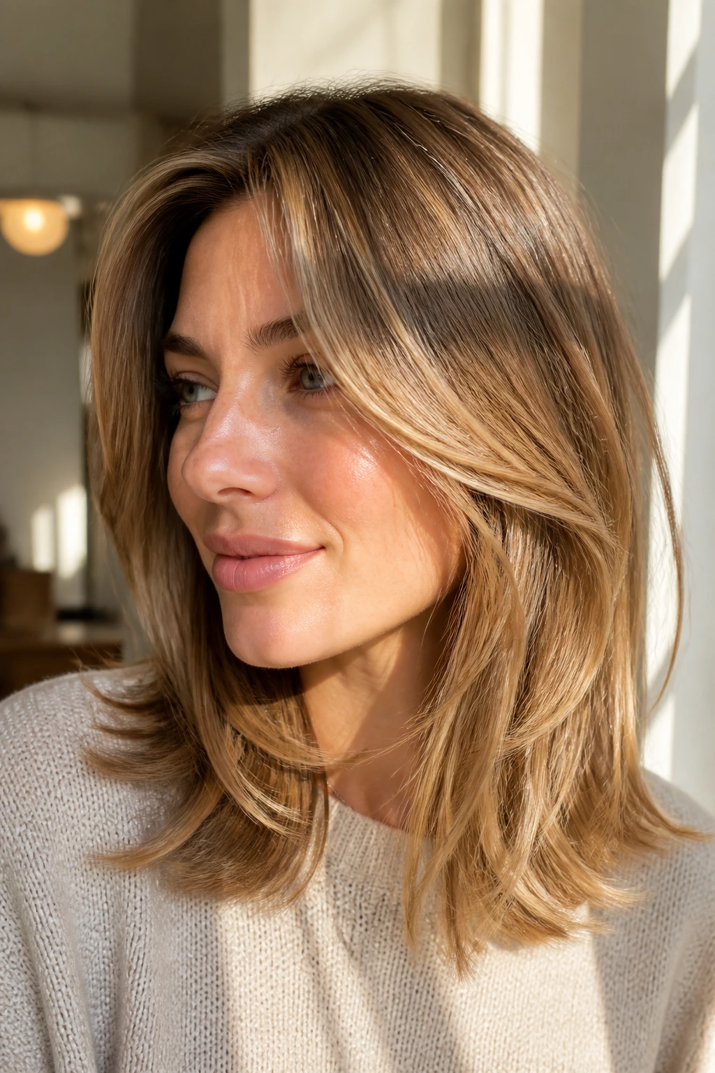 Close-up of a real woman with sunlit bronde layering framing pale skin