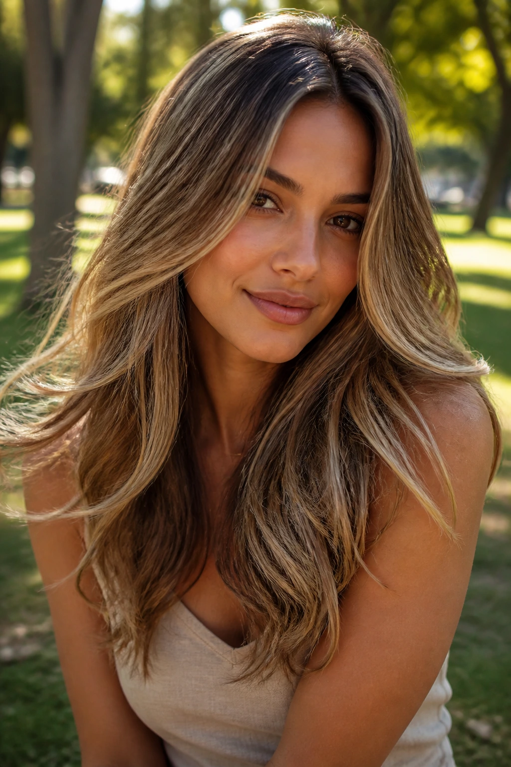 Medium close-up of a real woman with sun-kissed bronde layers in golden-hour light.