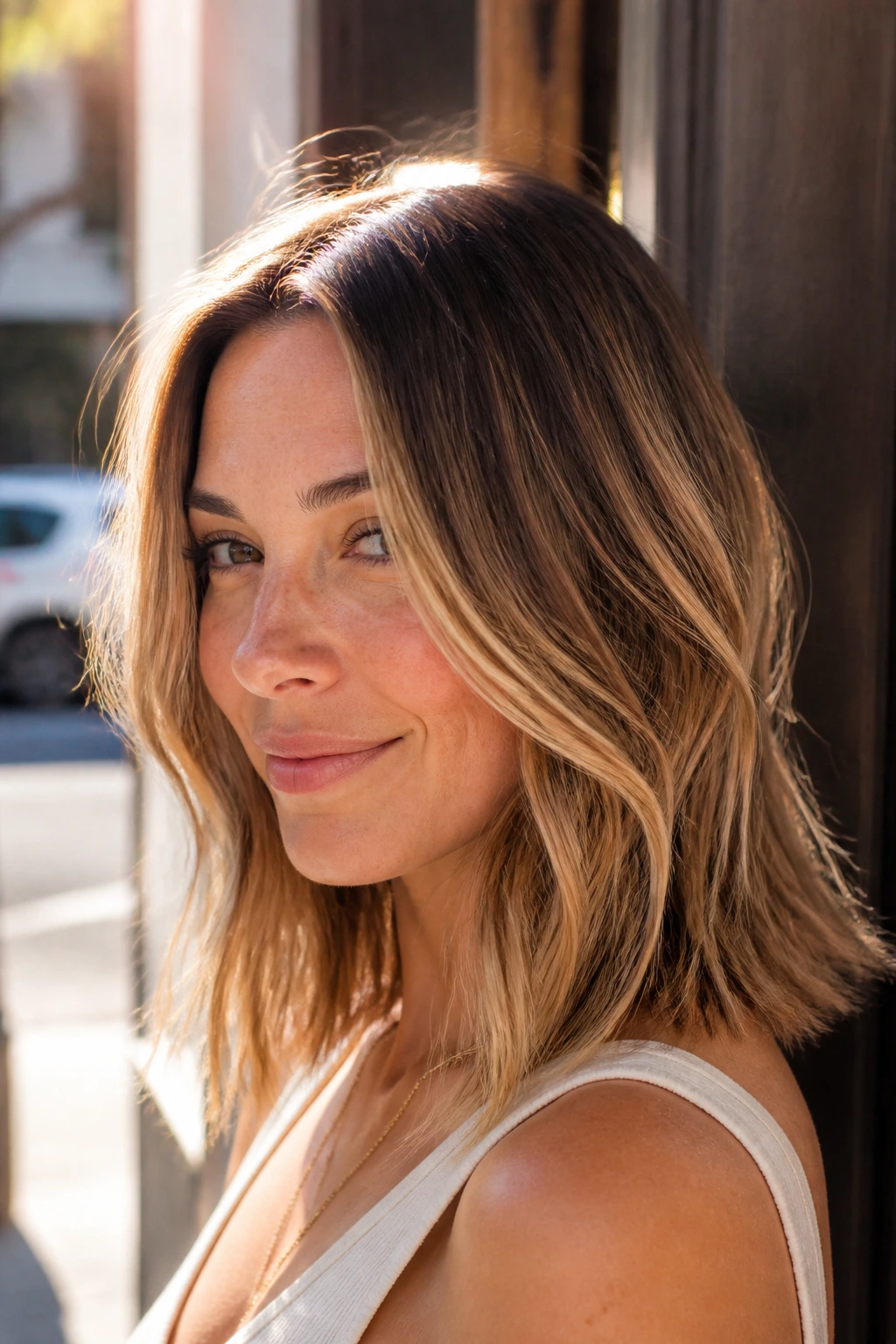 Close-up of real woman with bronde lob and caramel highlights mid-lengths and ends