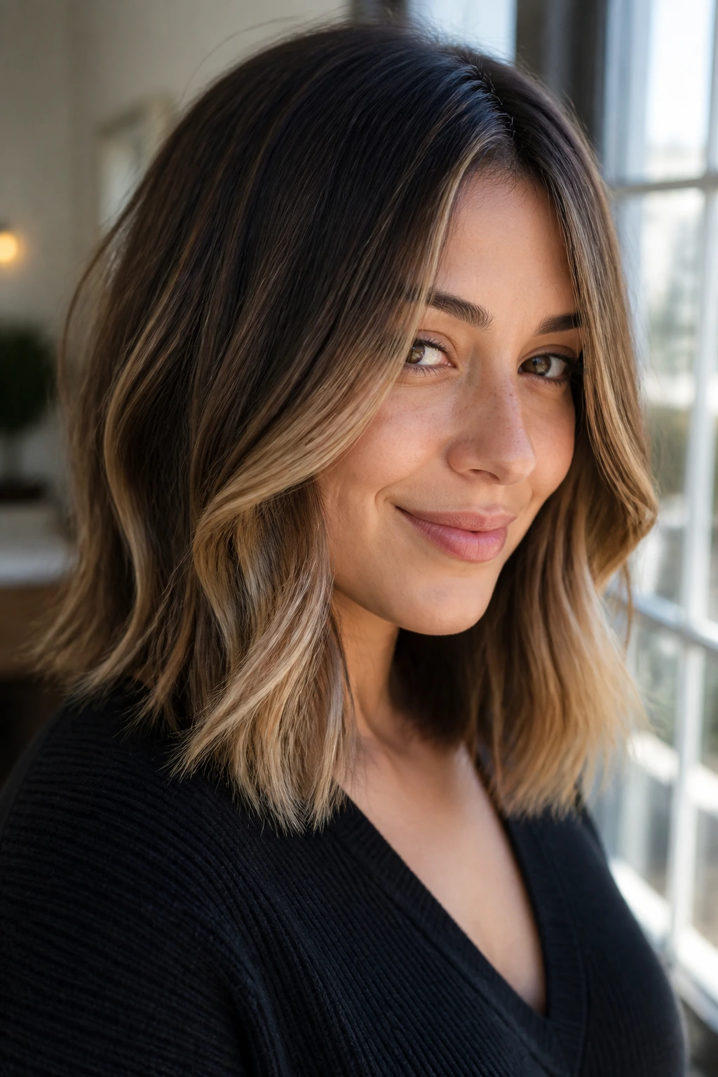 Bronde lob with peekaboo brightening on a real woman
