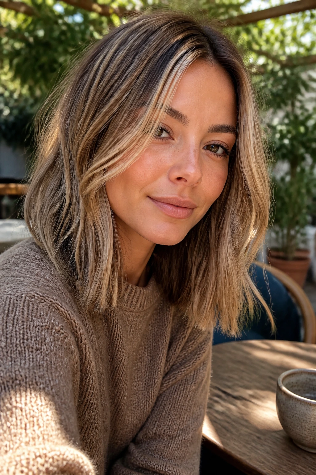 Close-up portrait of a real woman with bronde lob and warm maple lowlights in morning light