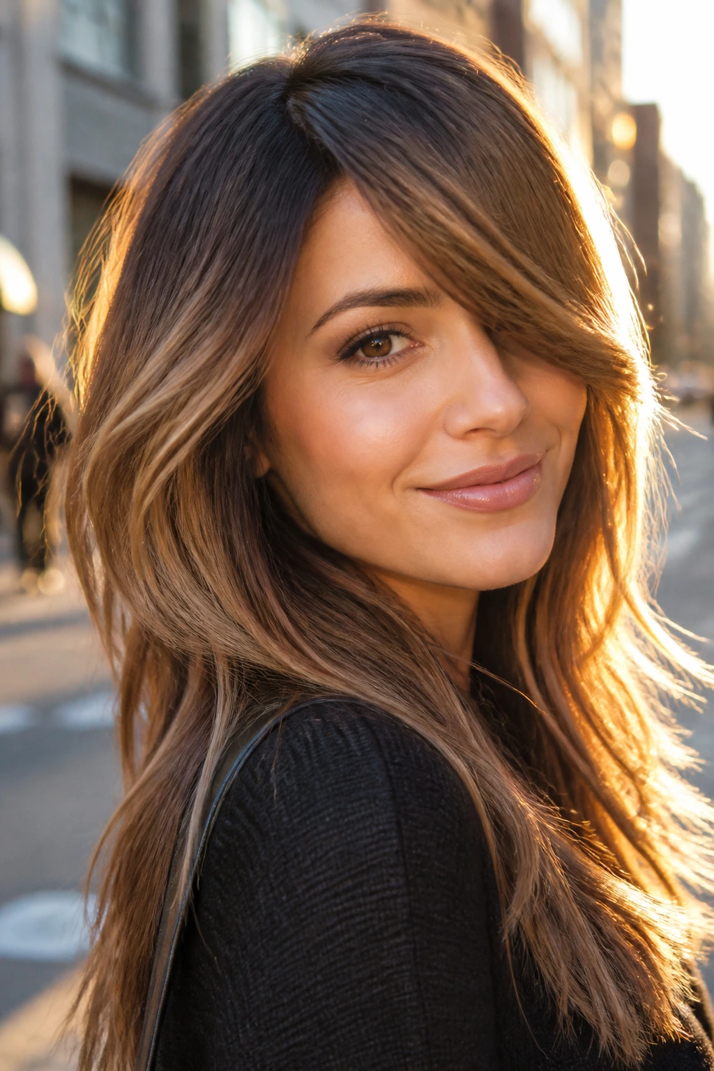 Close-up of a real woman with bronde melt and side-swept bangs in natural golden-hour light.