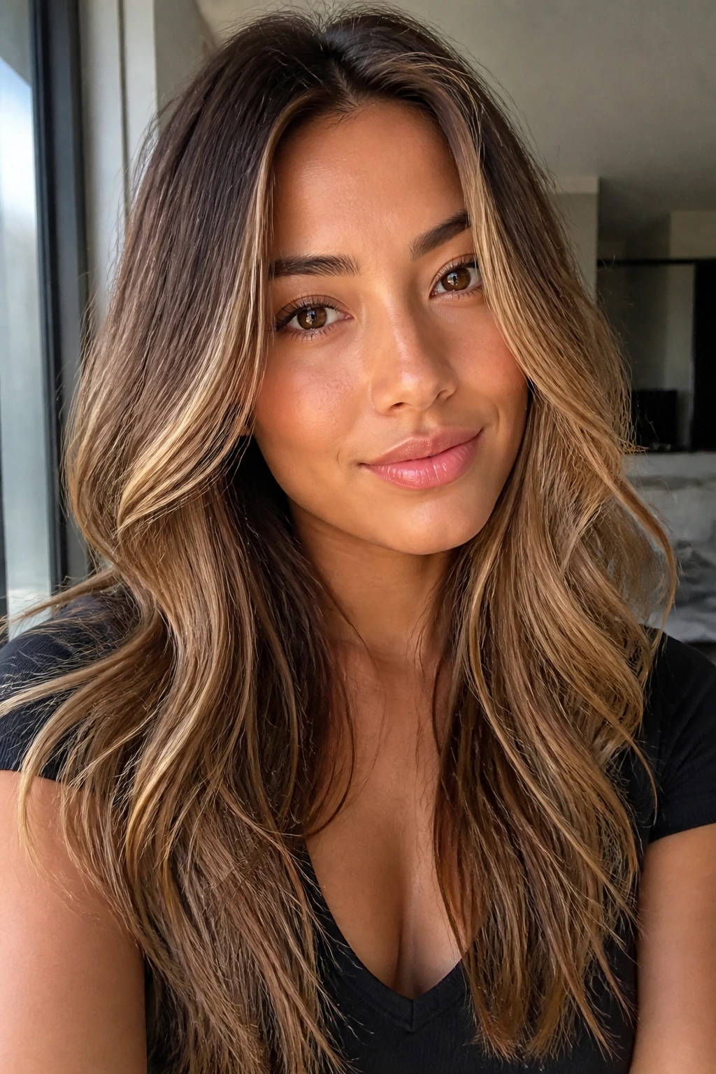 Portrait of a person showing golden bronde melt with root, caramel mid-lengths, and golden ends