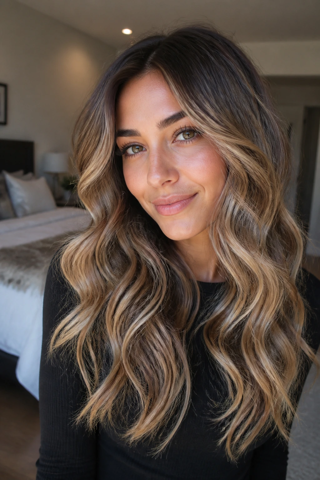 Close-up of real woman with bronde melt and glossy waves.