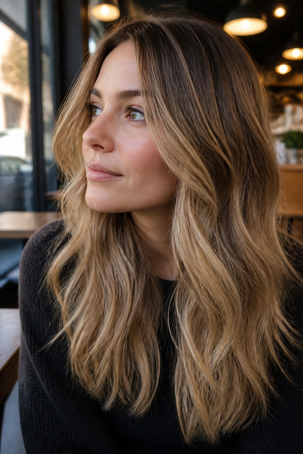 Close-up of a real woman with bronde melt hair gradient from brown to blonde.