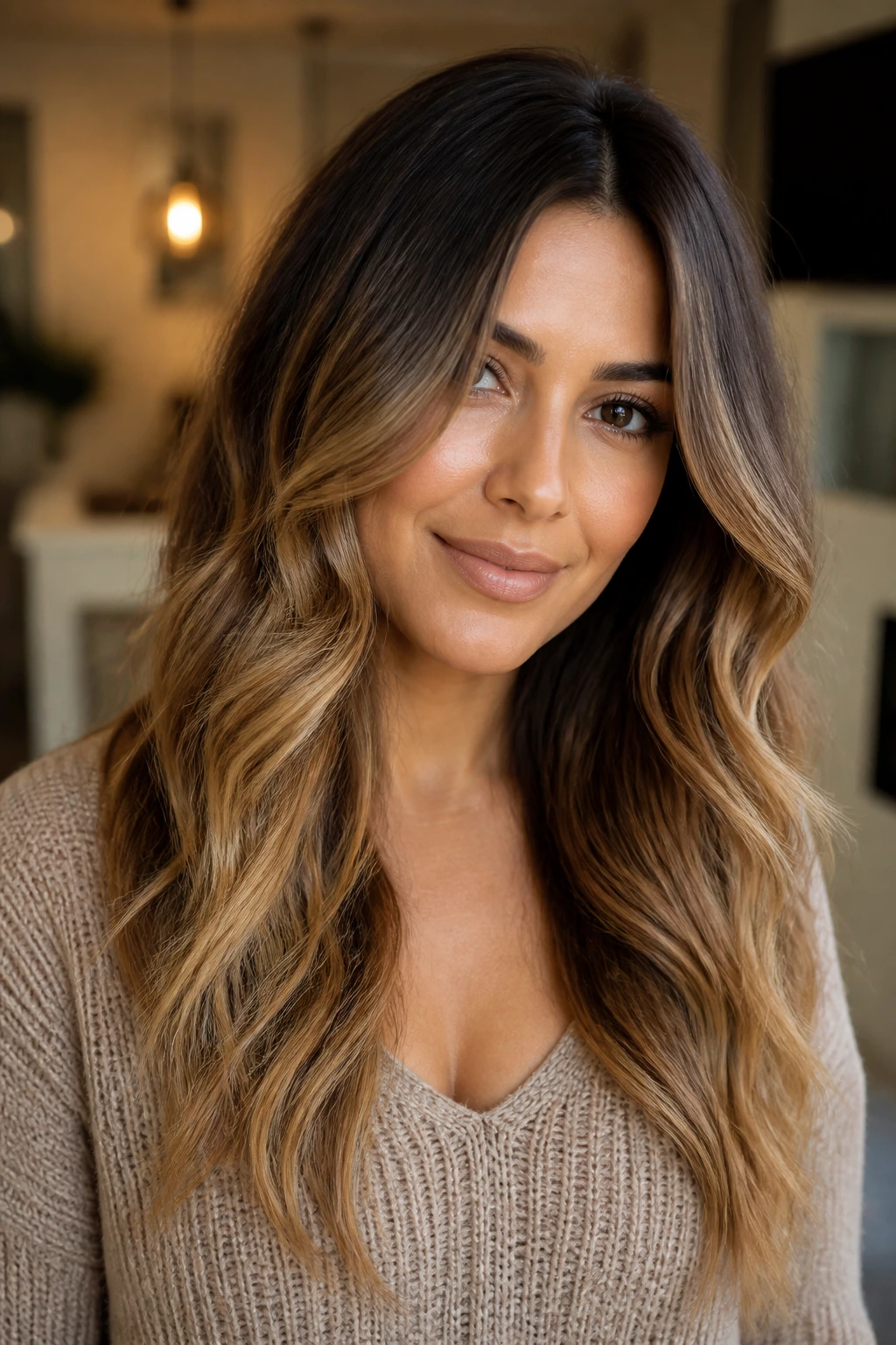 Close-up portrait of a person with bronde melt hair showing seamless brunette-to-blonde transition
