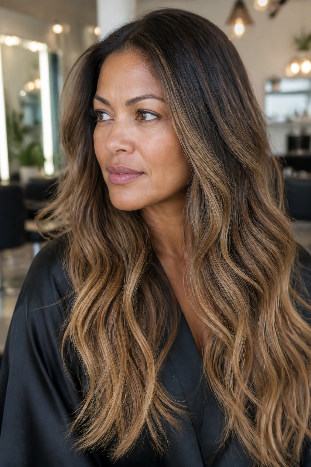 Close-up of bronde melt with dark root, mid brown, and sandy ends on thick hair.