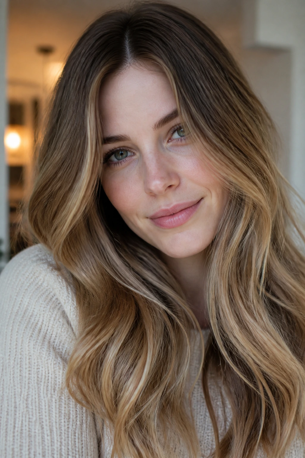 Portrait of a woman with honey bronde melt from dark roots to caramel ends