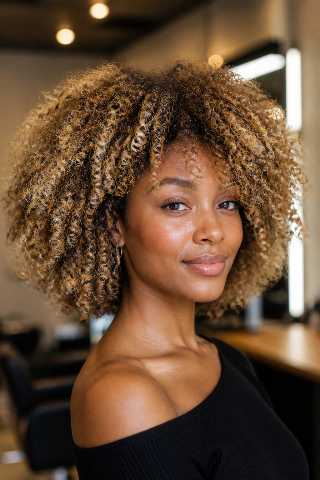 Medium close-up of bronde melt hair on a real person in a salon setting