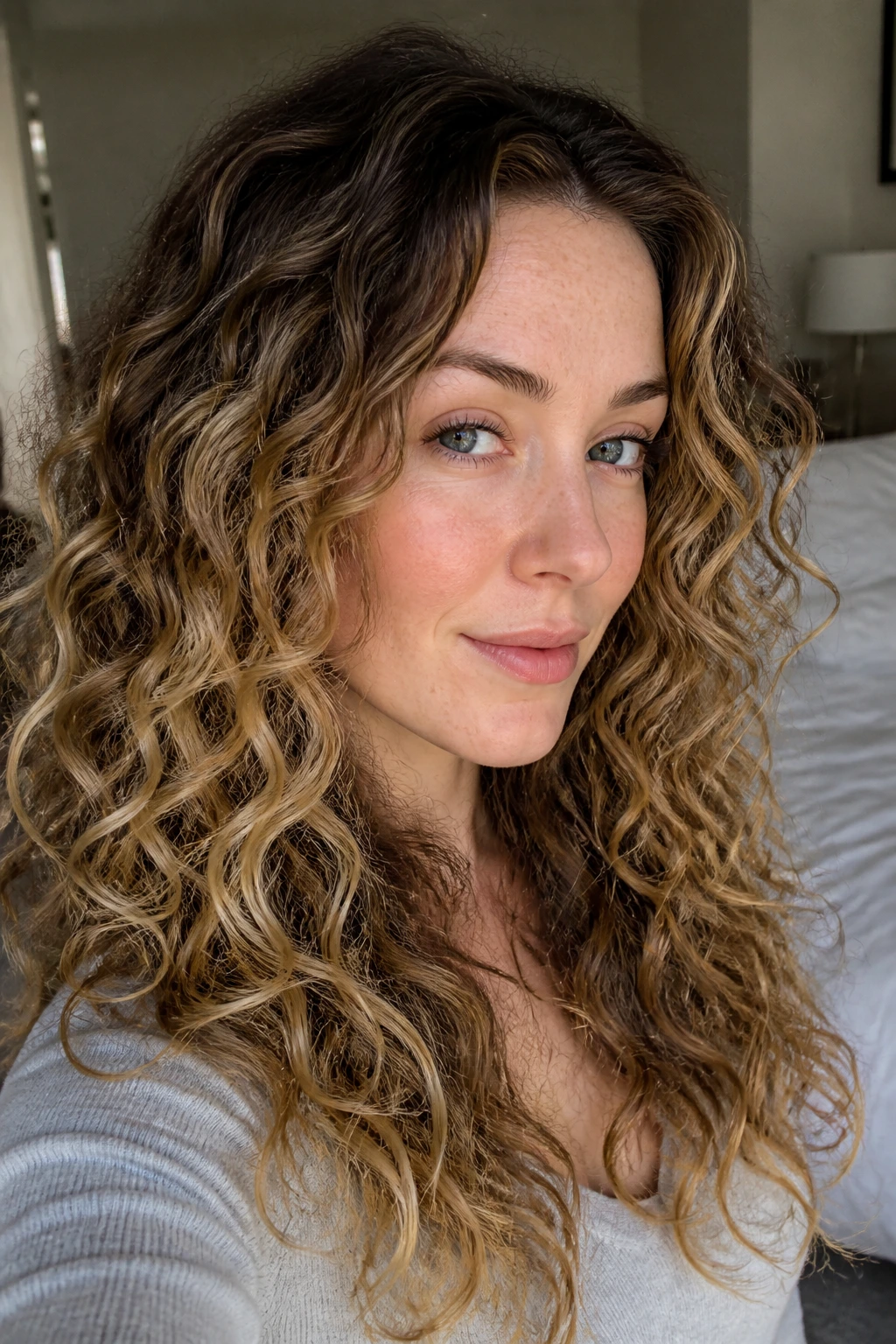 Close-up portrait showing root shadow and bronde melt in curly hair
