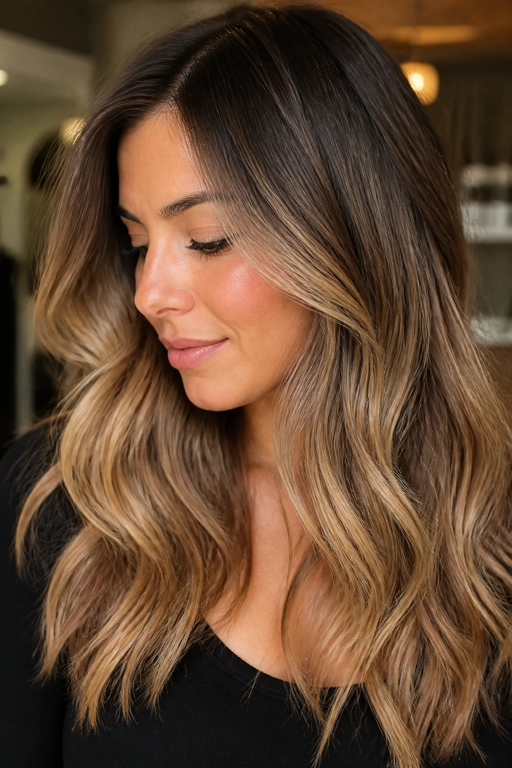 Portrait of woman with bronde melt and root shadow hair.