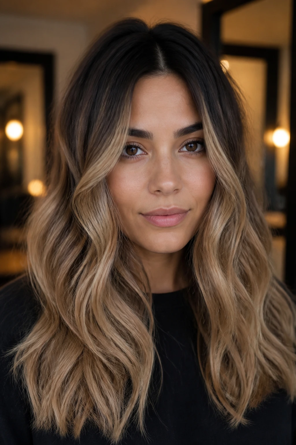 Front portrait of a real woman with Bronde Melt and Shadow Root showing deep root and bronde mid-lengths
