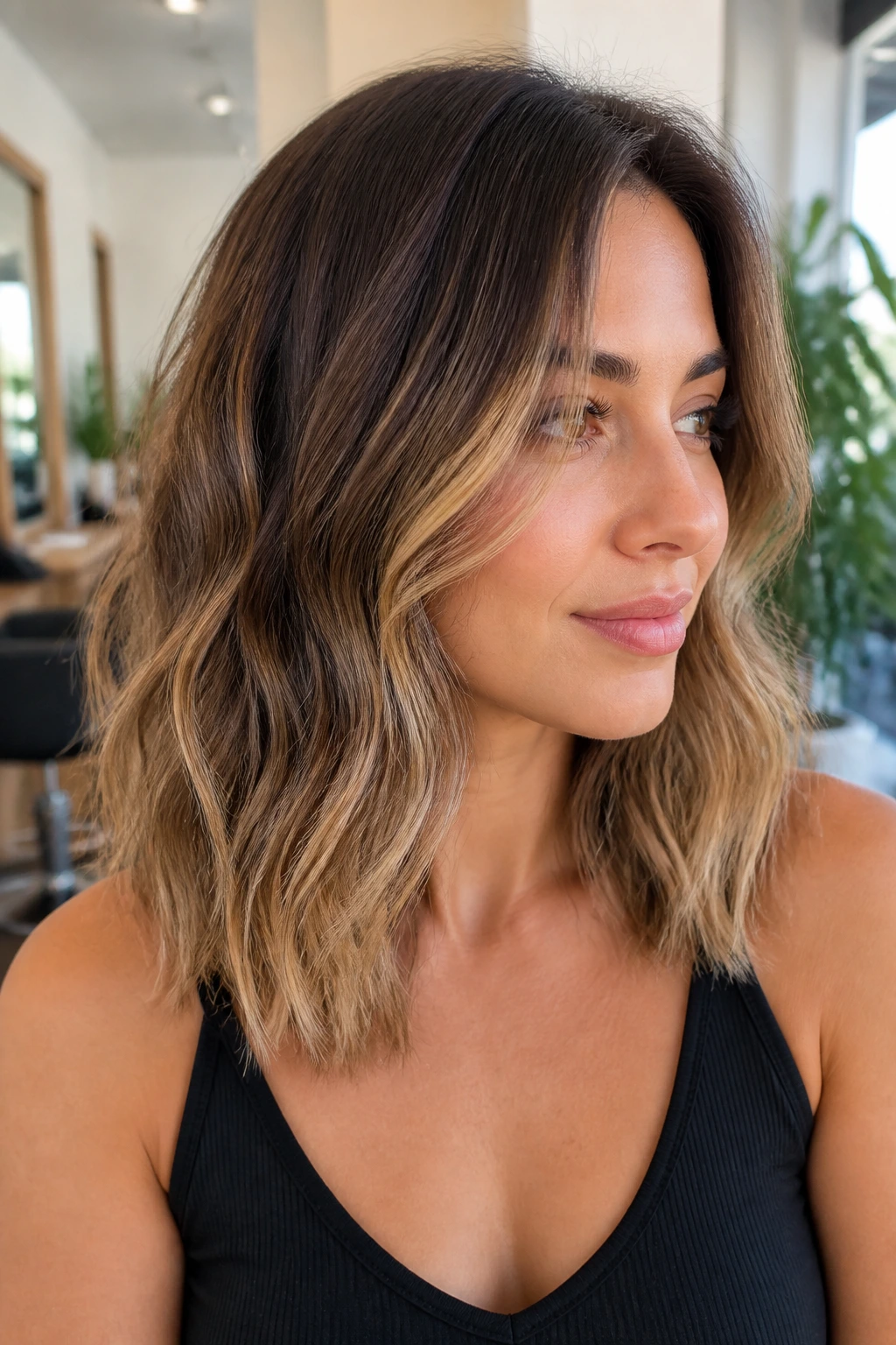 Close-up of a real woman with melted bronde on shoulder-length hair and soft root shadow