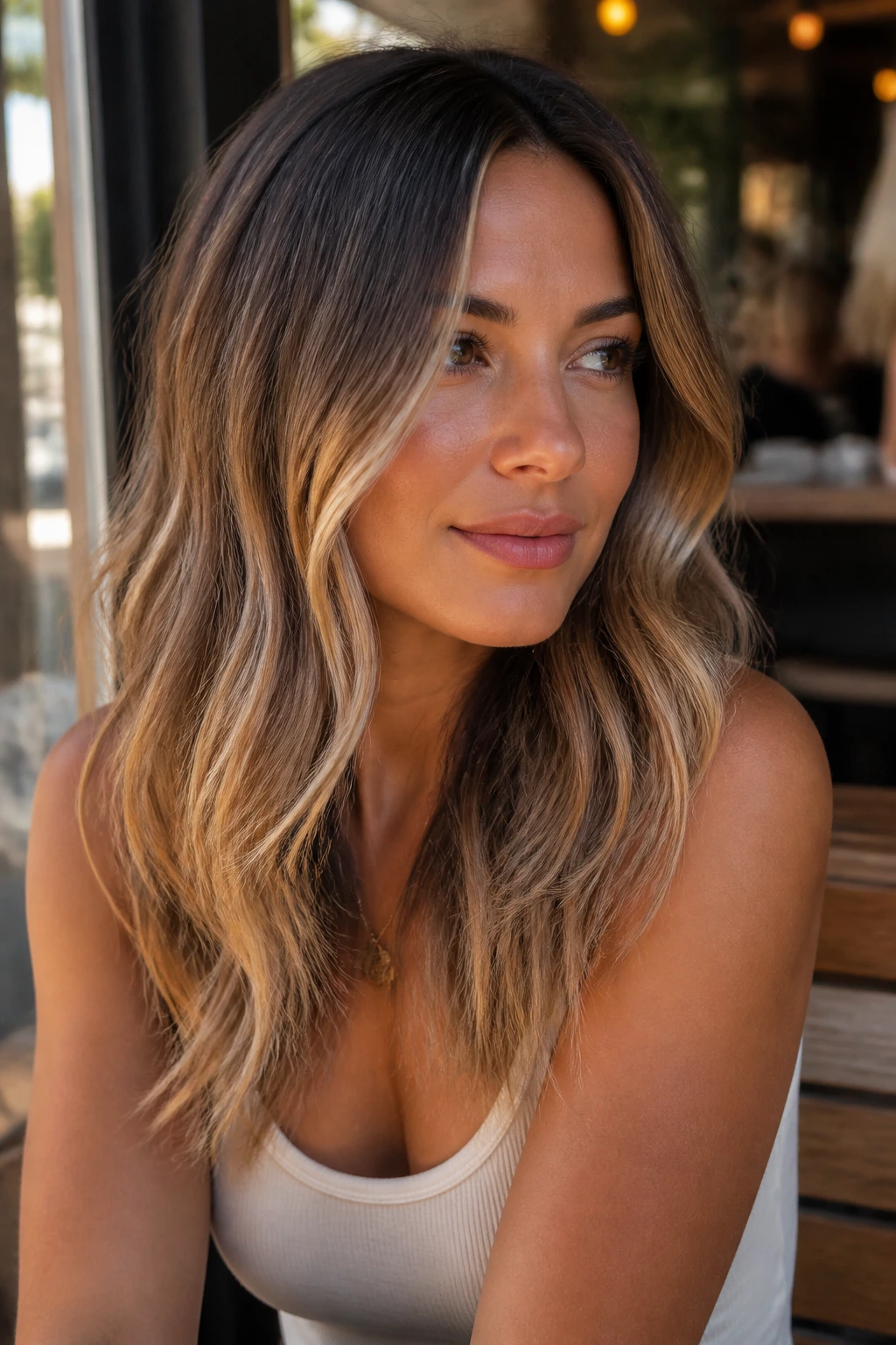 Tan skin with bronde melt hair featuring deep roots and lighter ends