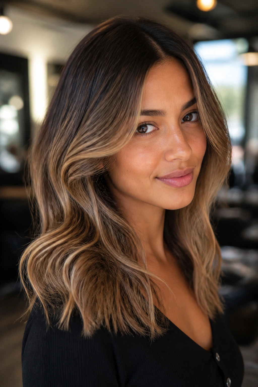 Close-up portrait of a real woman with bronde melt on warm skin