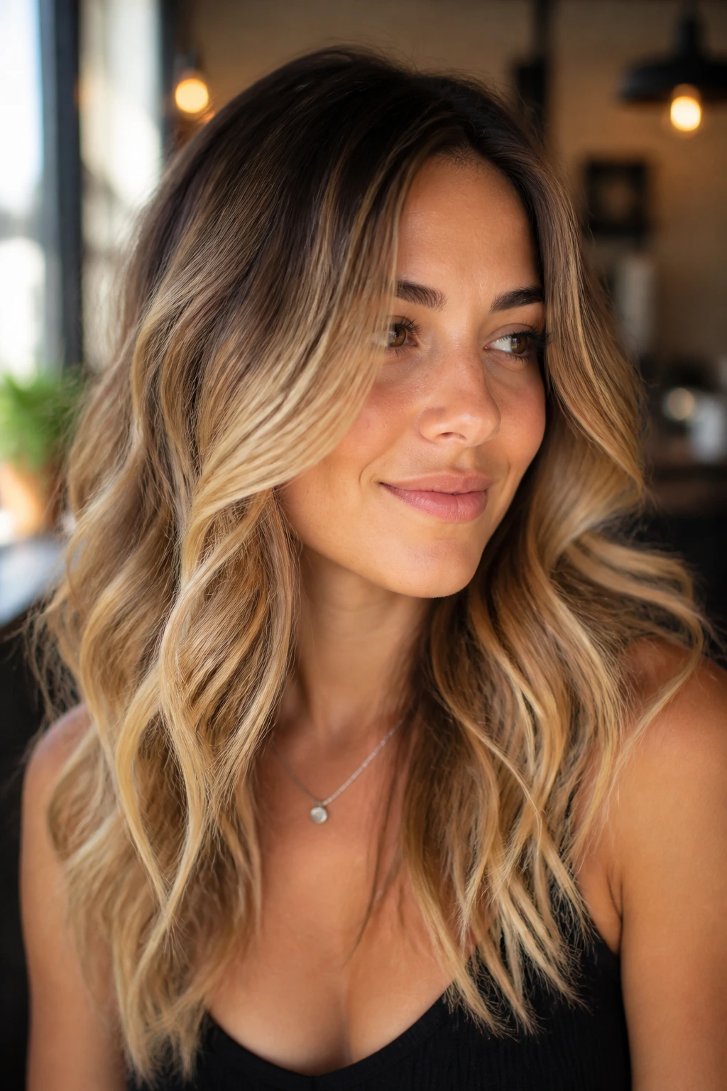 Woman with bronde melt showing root depth blending into warm blond mid lengths