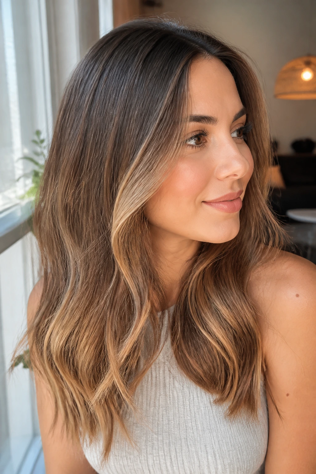 Real person with warm bronde melt showing seamless grow-out.