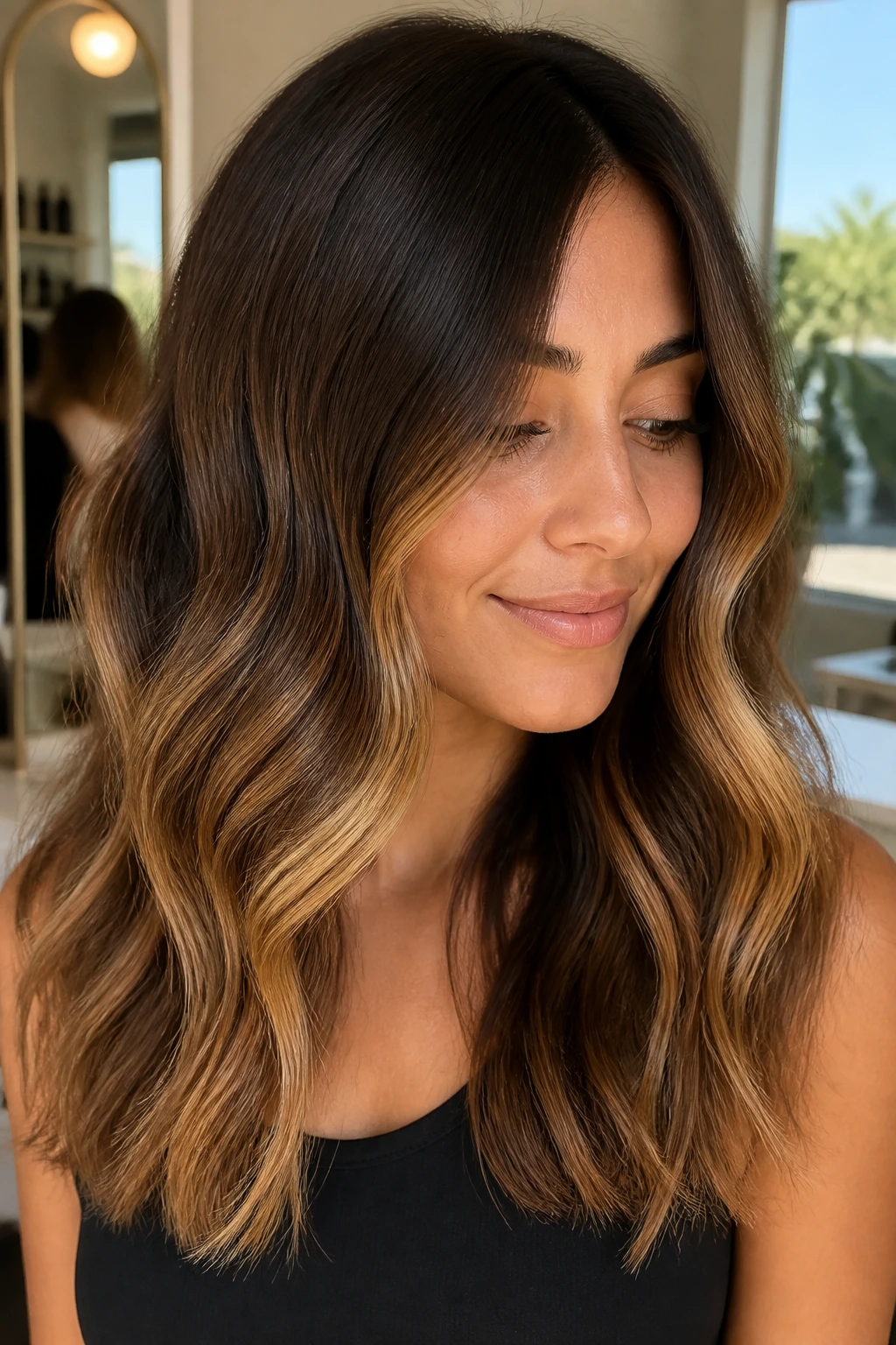 Close-up portrait of a real woman with bronde melt showing warm brown roots fading to golden brown honey ends