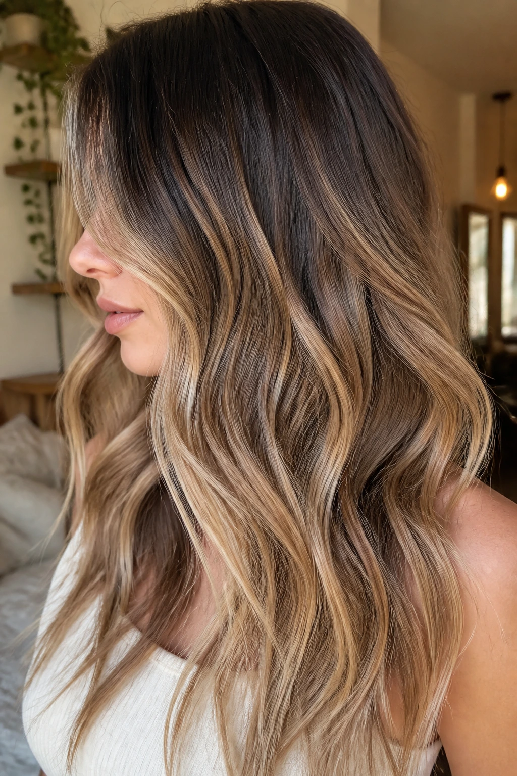 Close-up of long wavy hair with beige bronde bands through mid-lengths on a real person in warm window light