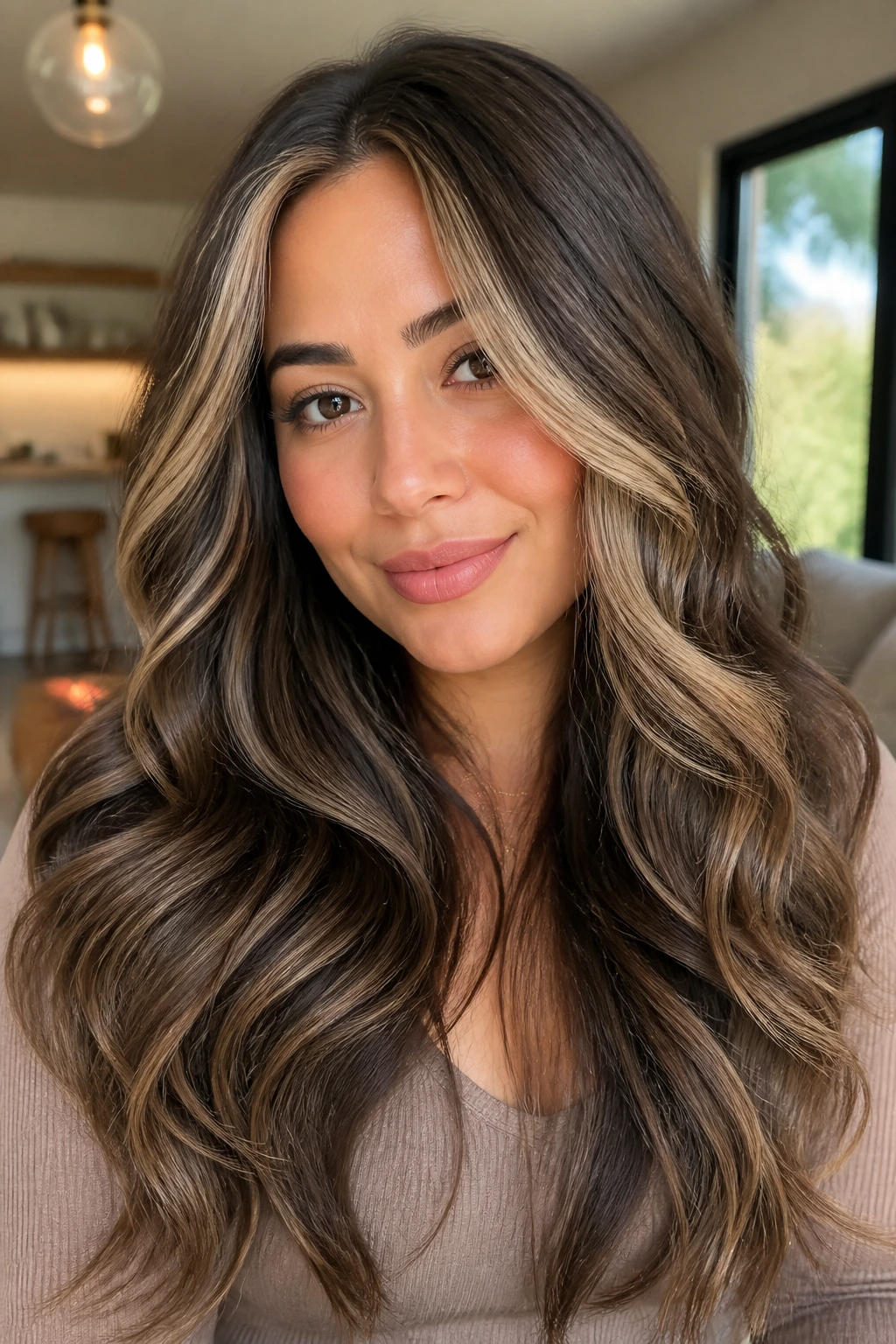 Medium close-up of a real woman with bronde hair and a soft money piece
