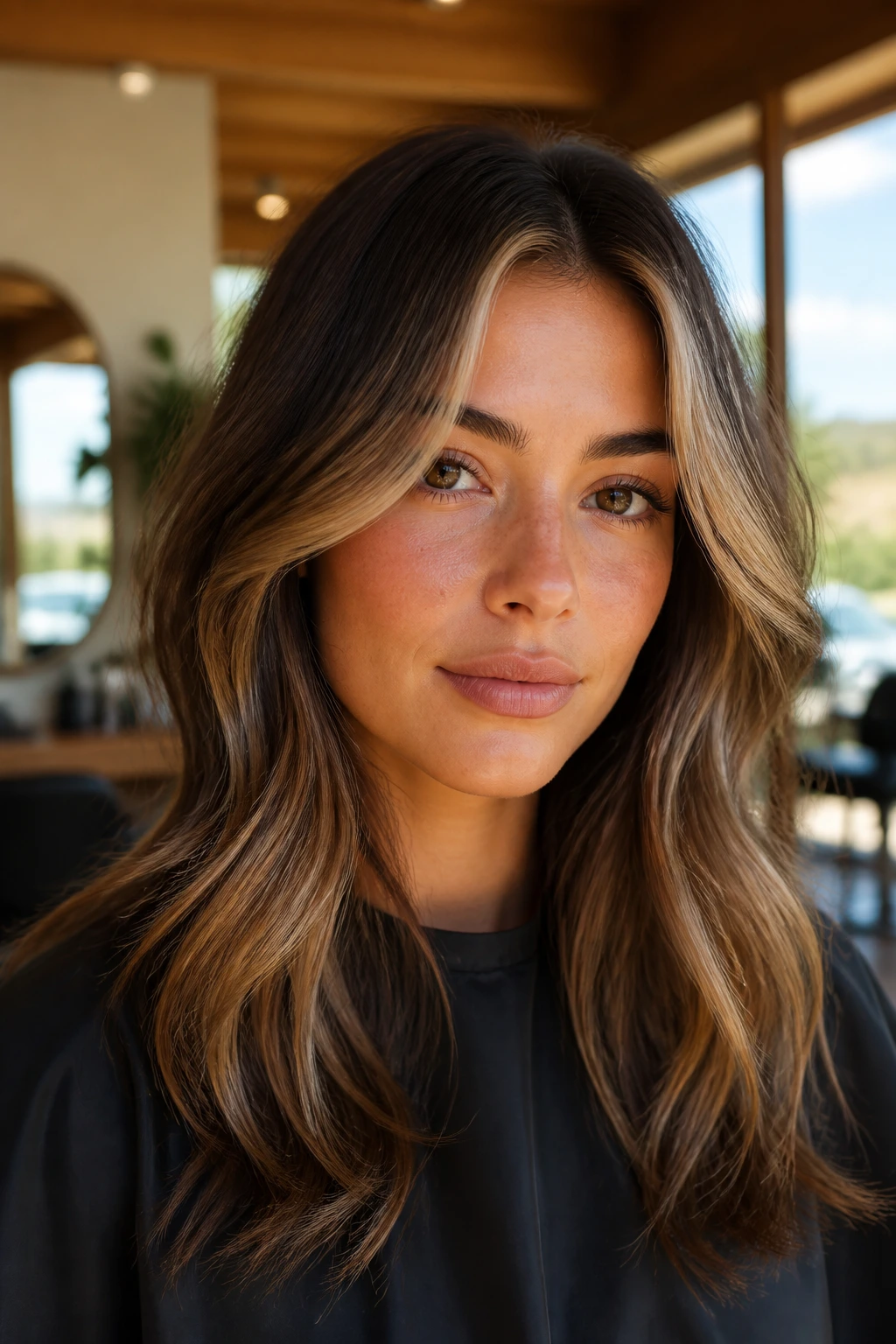Close-up portrait of brunette woman with bronde money-piece layers highlighting cheekbones