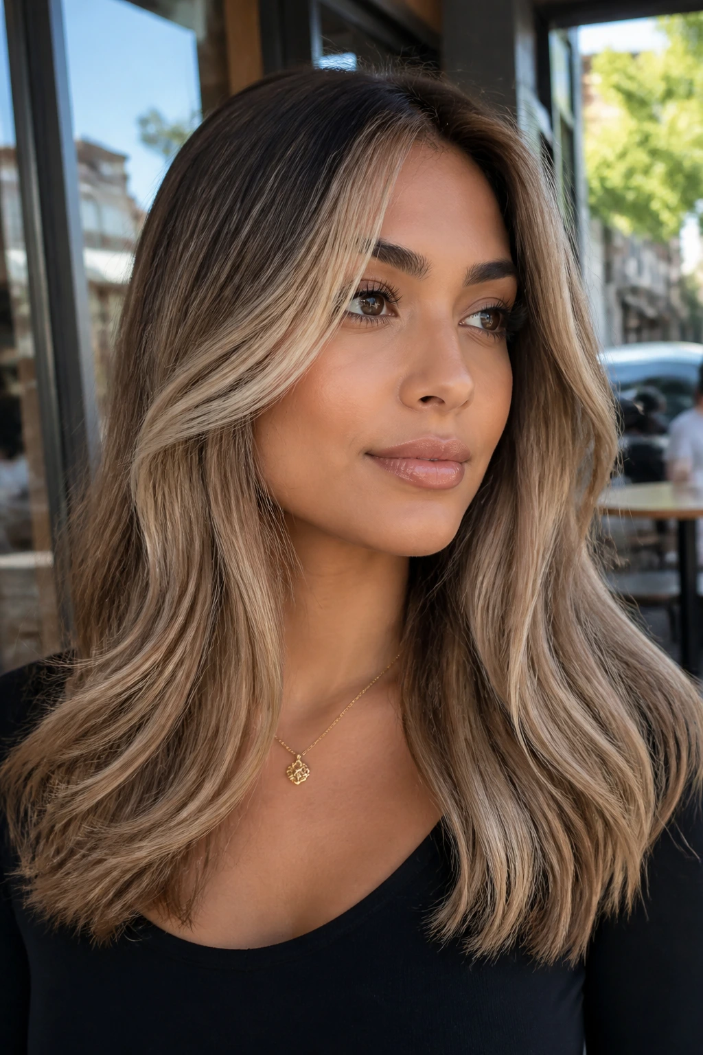 Close-up portrait of a real woman with bronde hair and money piece framing the face