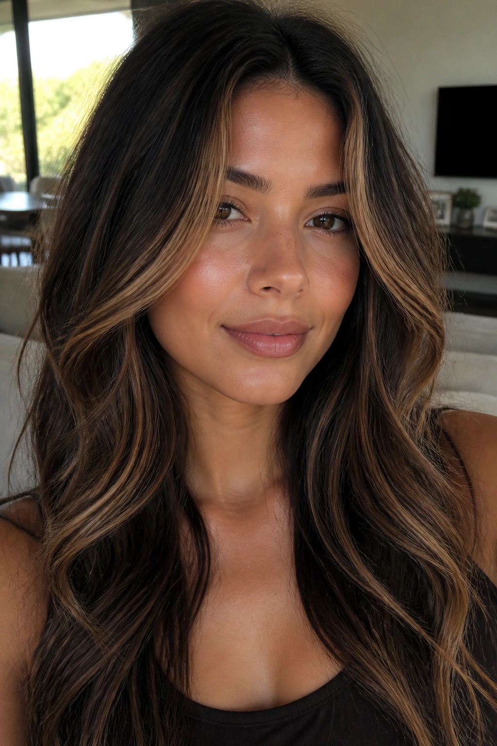 Portrait of a real woman with bronde money-piece layers and face-framing lighter pieces on tan skin.