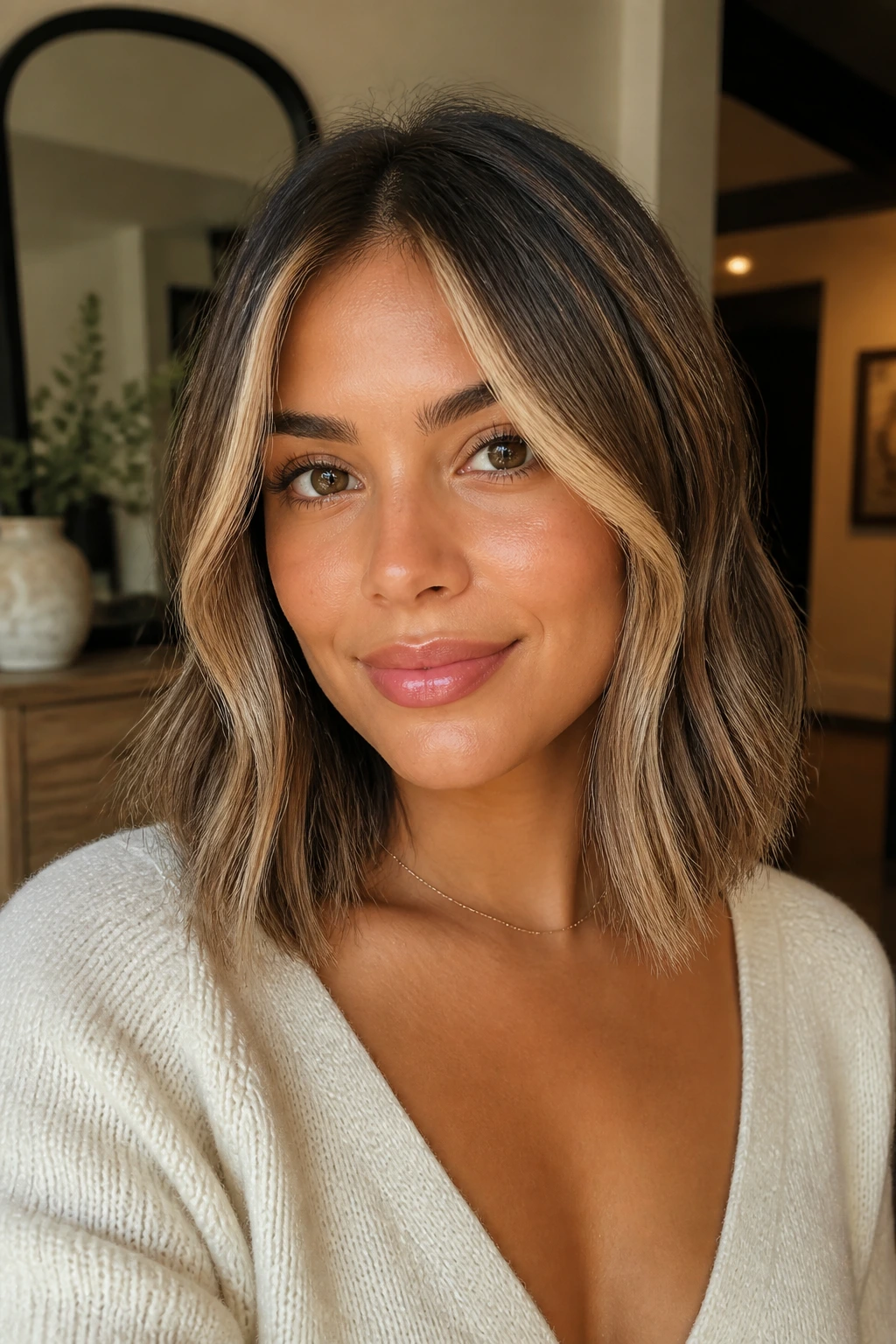 Close-up of a real woman with beige-gold money-piece framing her face and bronde lob hair