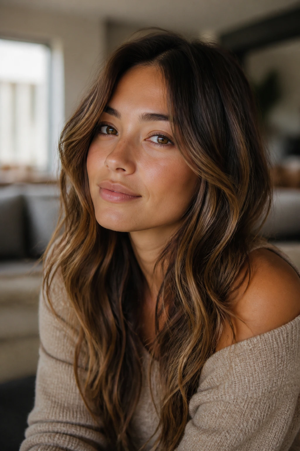 Close-up of a brunette with soft sable bronde highlights for a natural finish