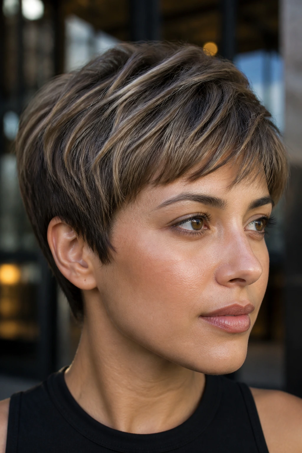Real-person portrait with bronde pixie and micro-babylights.
