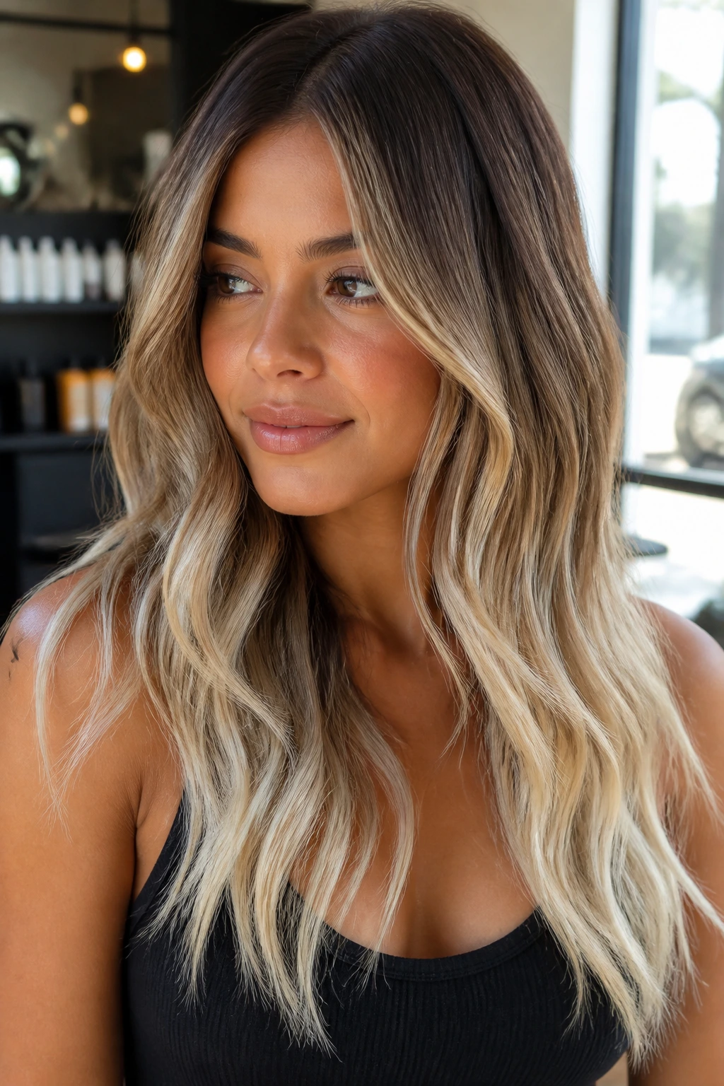 Close-up of a real person with bronde-to-platinum hair gradient