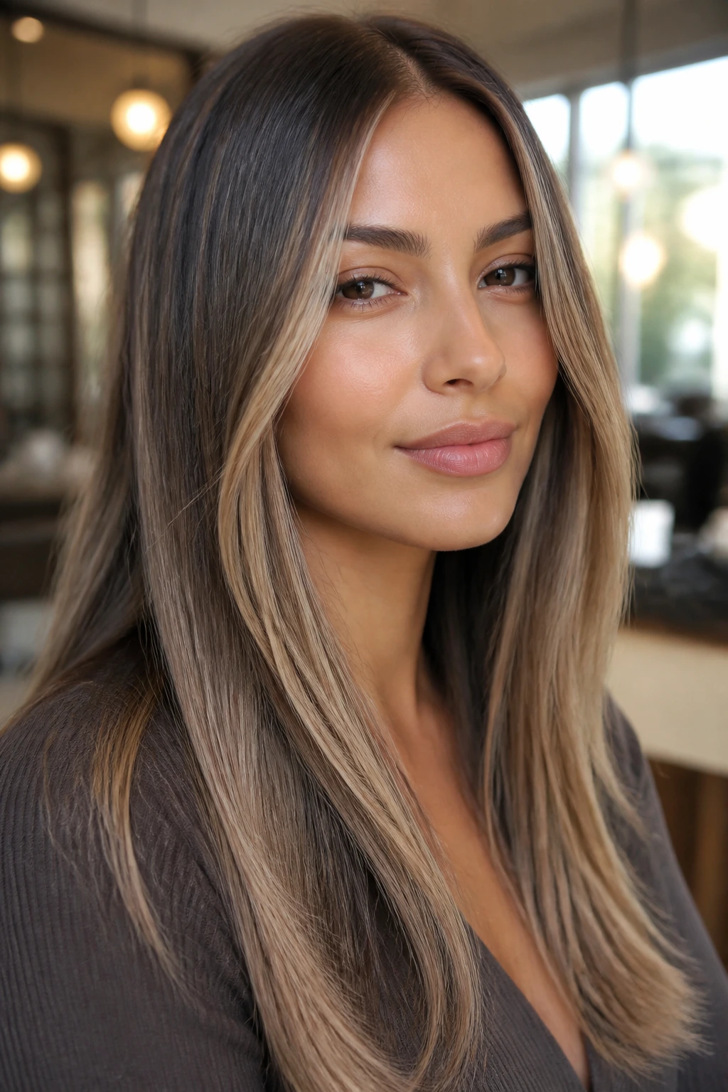 Close-up portrait of a woman with cool bronde ribboning featuring brunette and blonde ribbons and smoky beige finish.