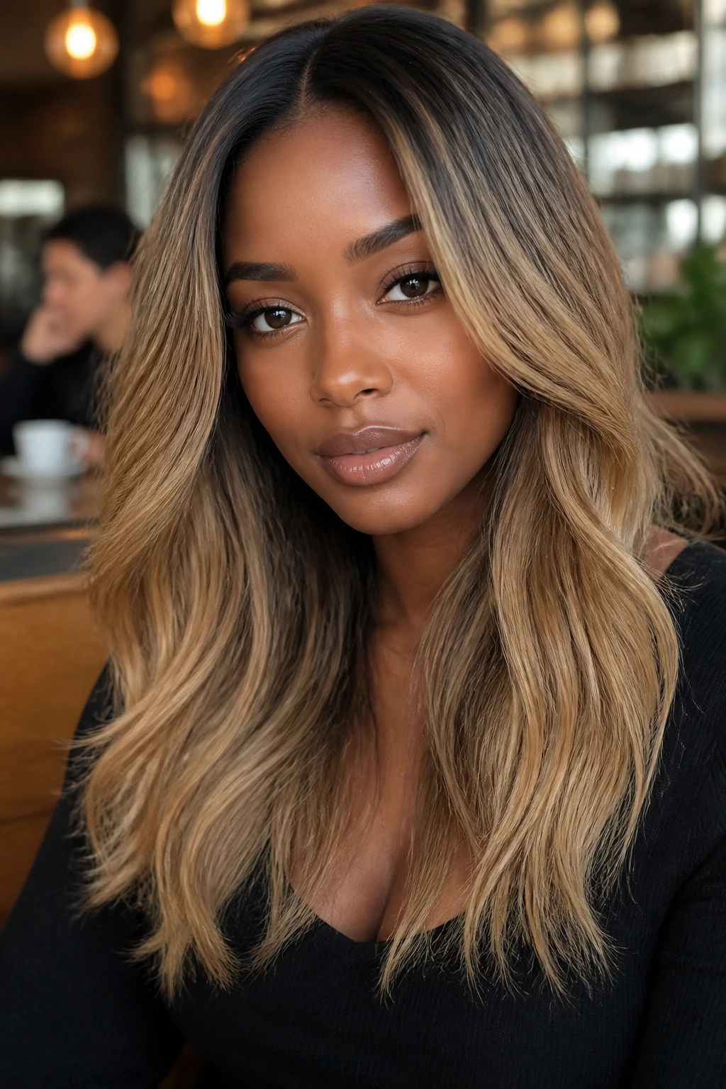 Close-up portrait of a real woman with bronde hair and root shadow in a cafe setting