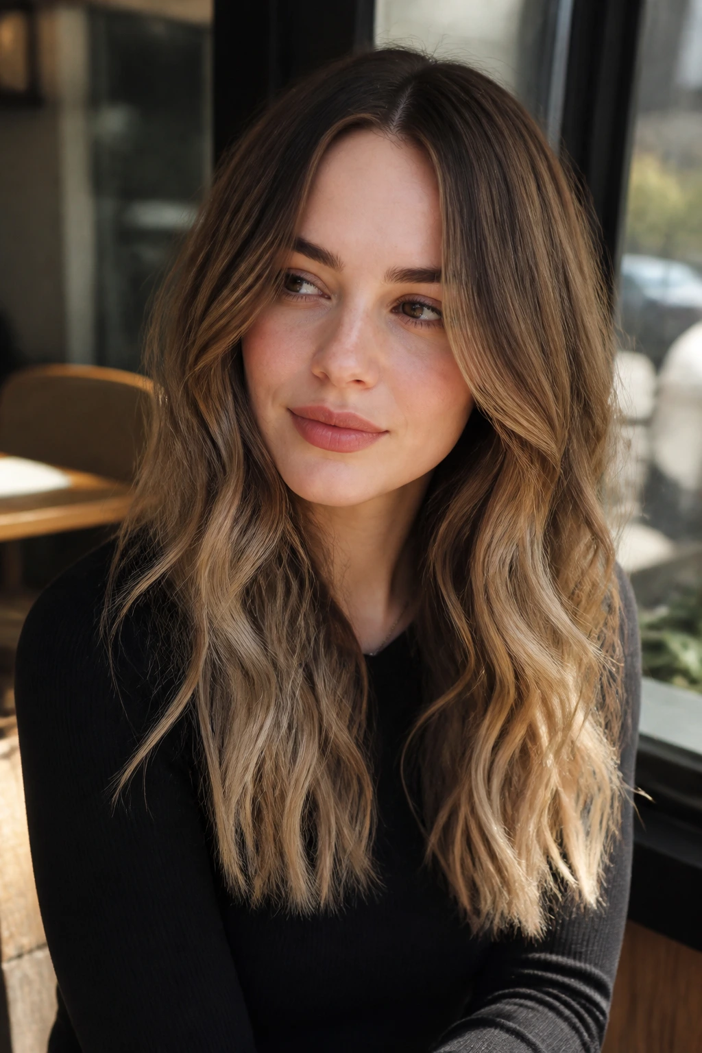 Wavy bronde hair with sandy caramel ends on a real person in natural light