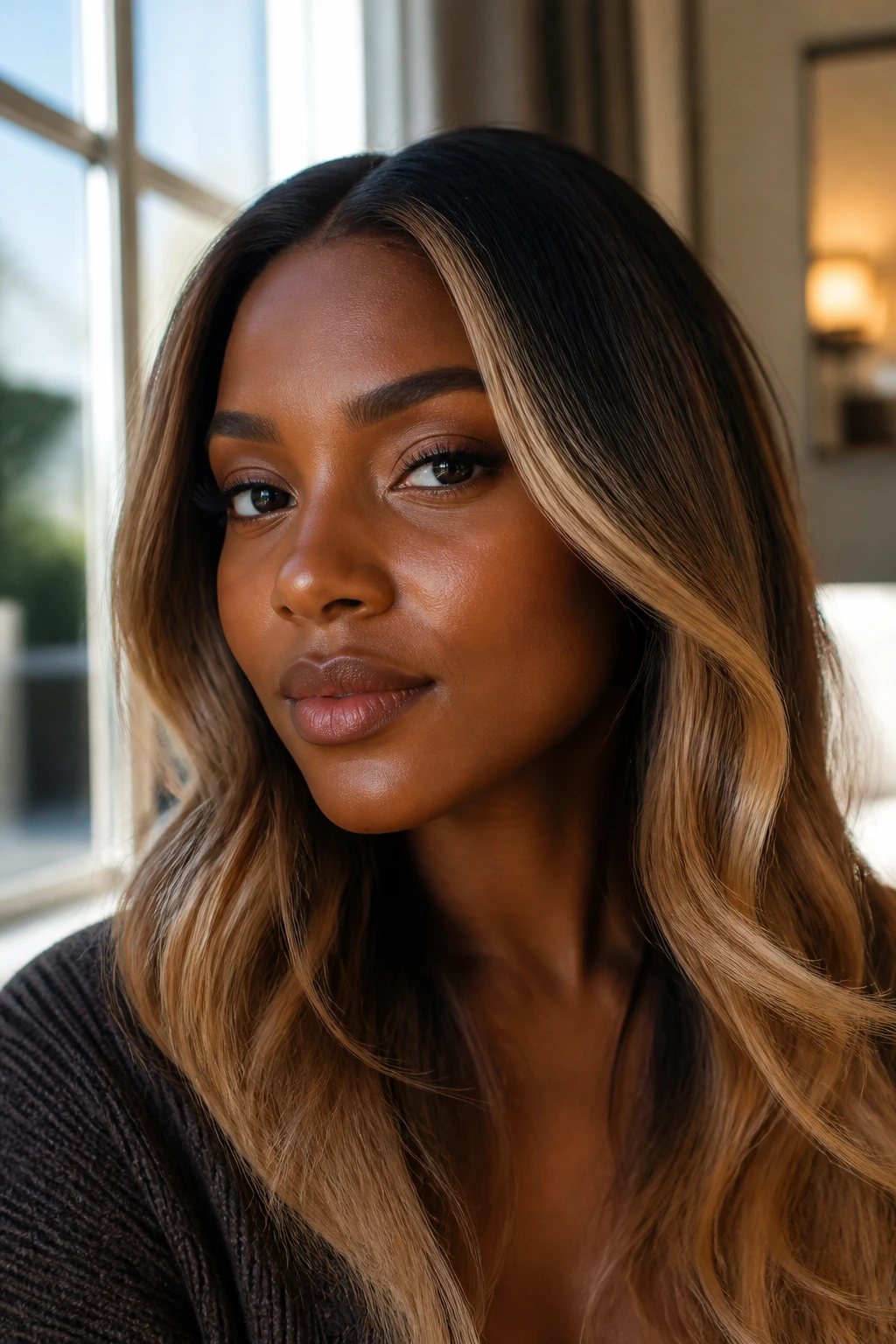 Close-up portrait of bronde face framing with a shadow root