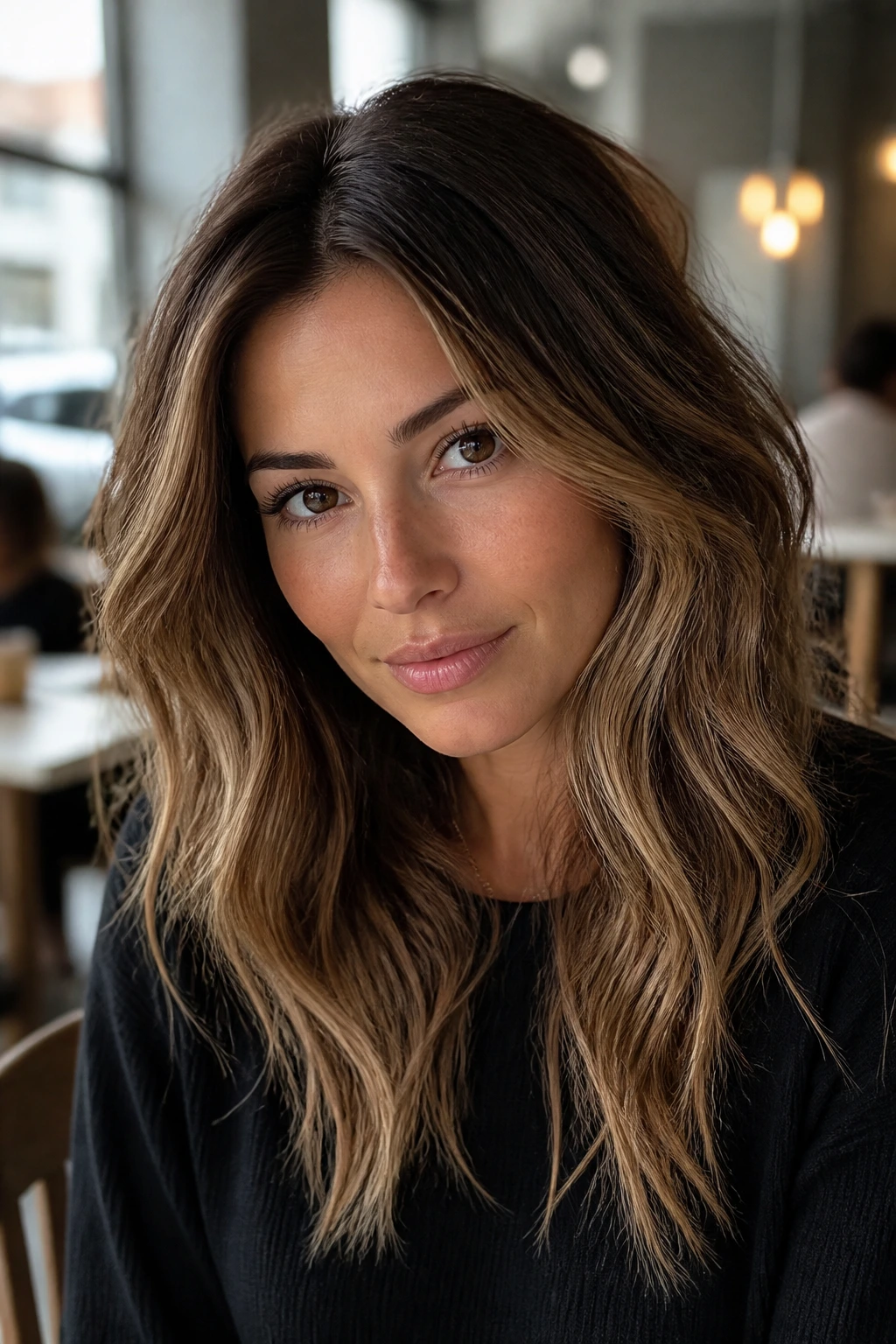 Close-up portrait of a real woman with bronde shadow root hair